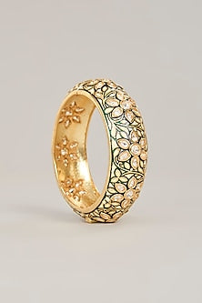 Gold Finish Kundan Polki Enameled Floral Bangles (Set Of 2)