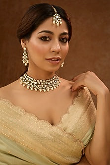 Gold Finish Kundan Polki & Pearl Drop Necklace Set