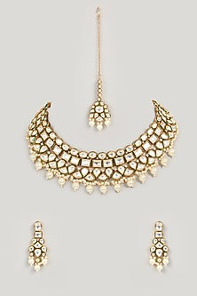Gold Finish Kundan Polki & Pearl Drop Necklace Set