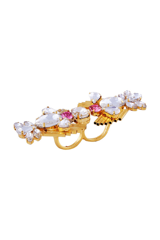 White & pink swarovski two-finger ring 
