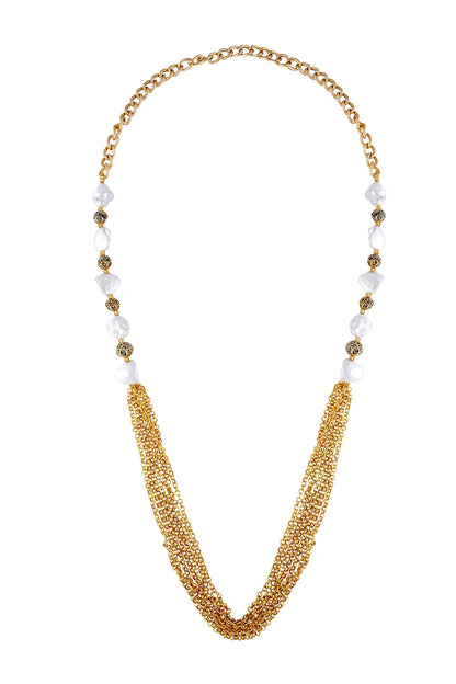 Gold & white alloy shell pearl with ball and gold chain necklace 