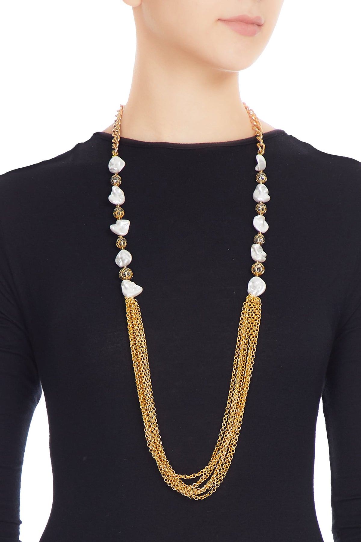 Gold & white alloy shell pearl with ball and gold chain necklace 