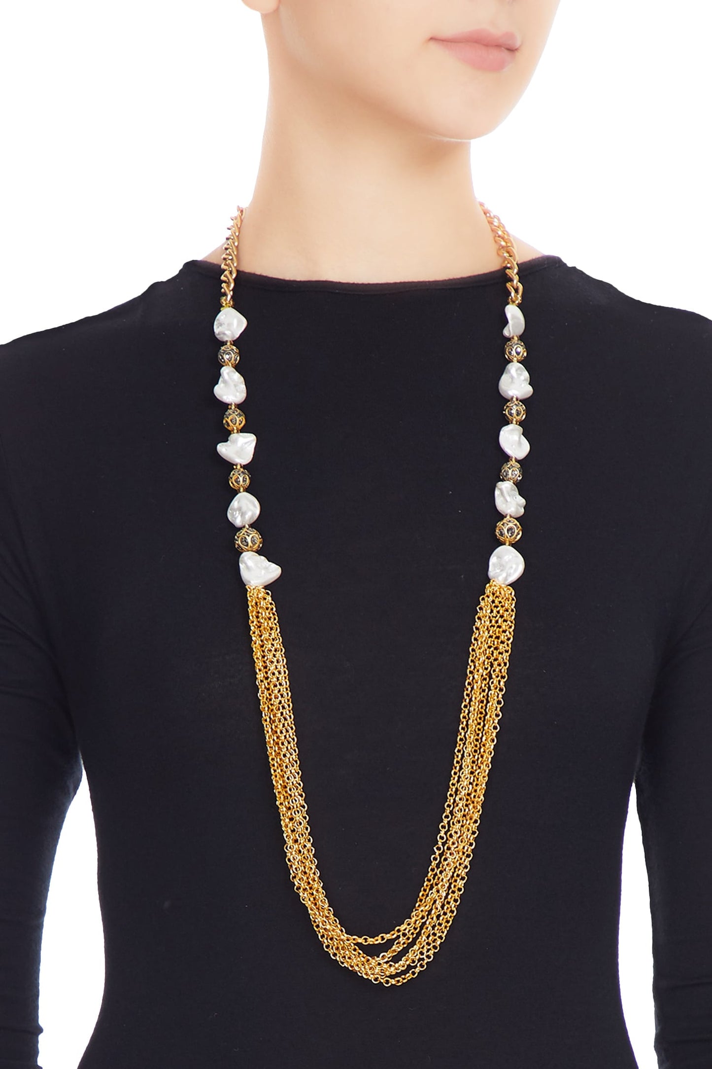 Gold & white alloy shell pearl with ball and gold chain necklace 