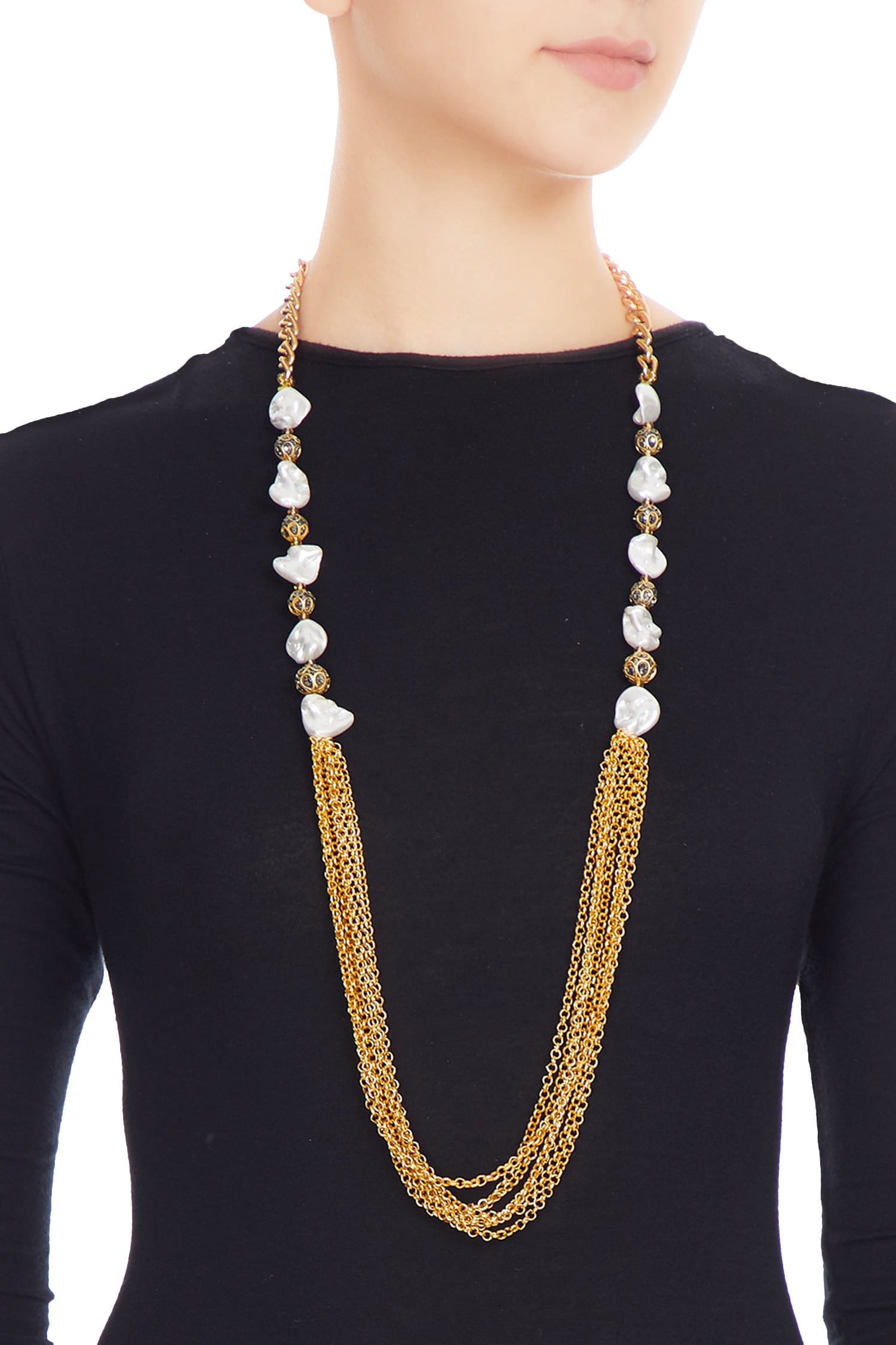 Gold & white alloy shell pearl with ball and gold chain necklace 