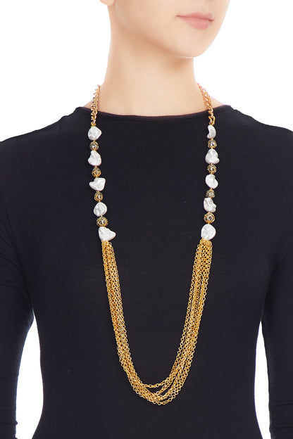 Gold & white alloy shell pearl with ball and gold chain necklace 