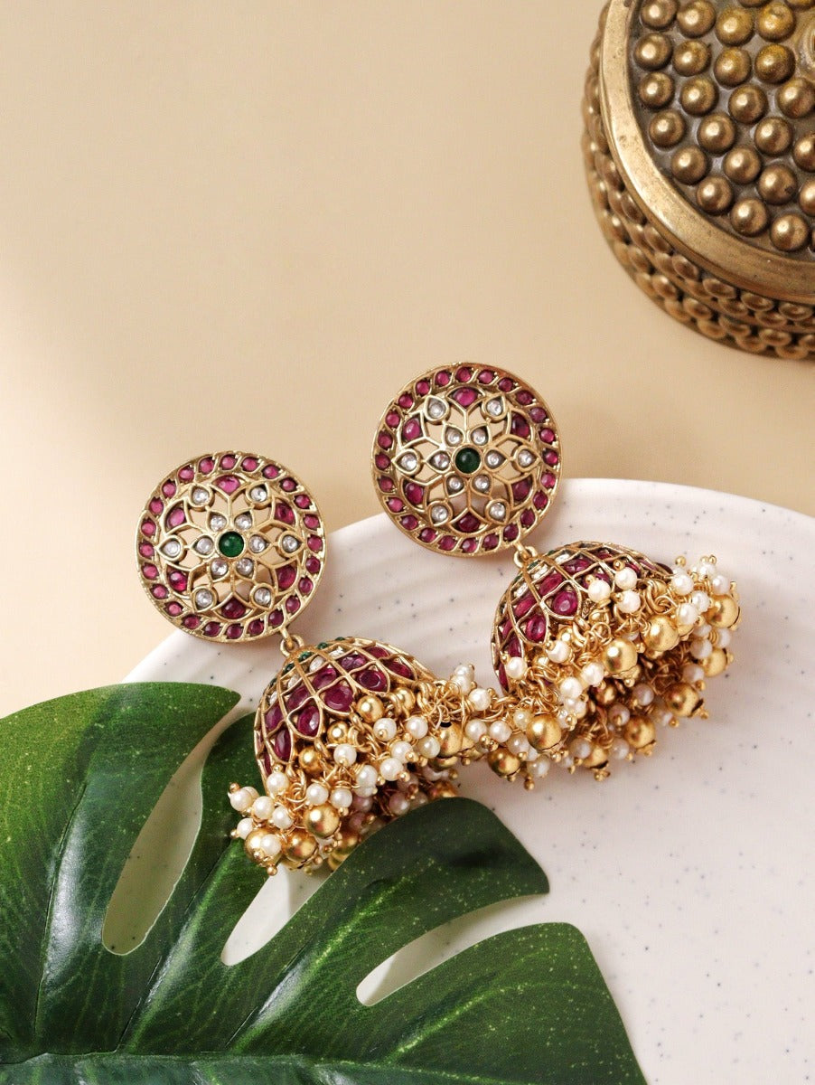 22K Gold Plated Floral Ruby And Emerald Studded Jhumkas