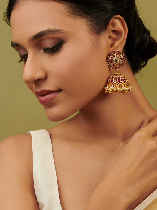 22K Gold Plated Floral Ruby And Emerald Studded Jhumkas