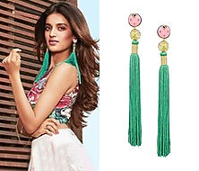 Gold Plated Pink Acrylic Top Ang Green Silk Tassel Earrings