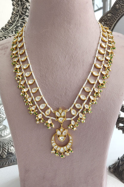 Polki Pearl Green Onyx Long Pendant Necklace 