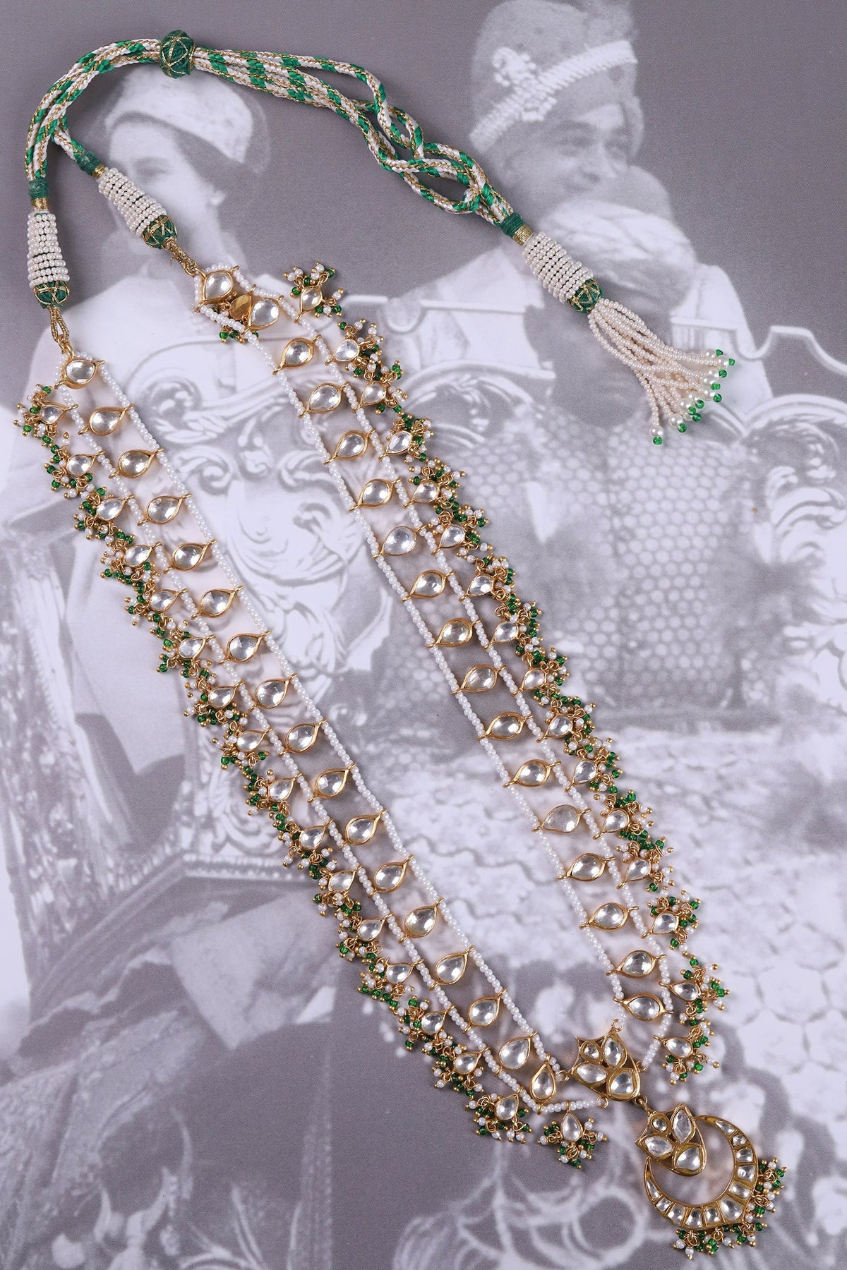 Polki Pearl Green Onyx Long Pendant Necklace 