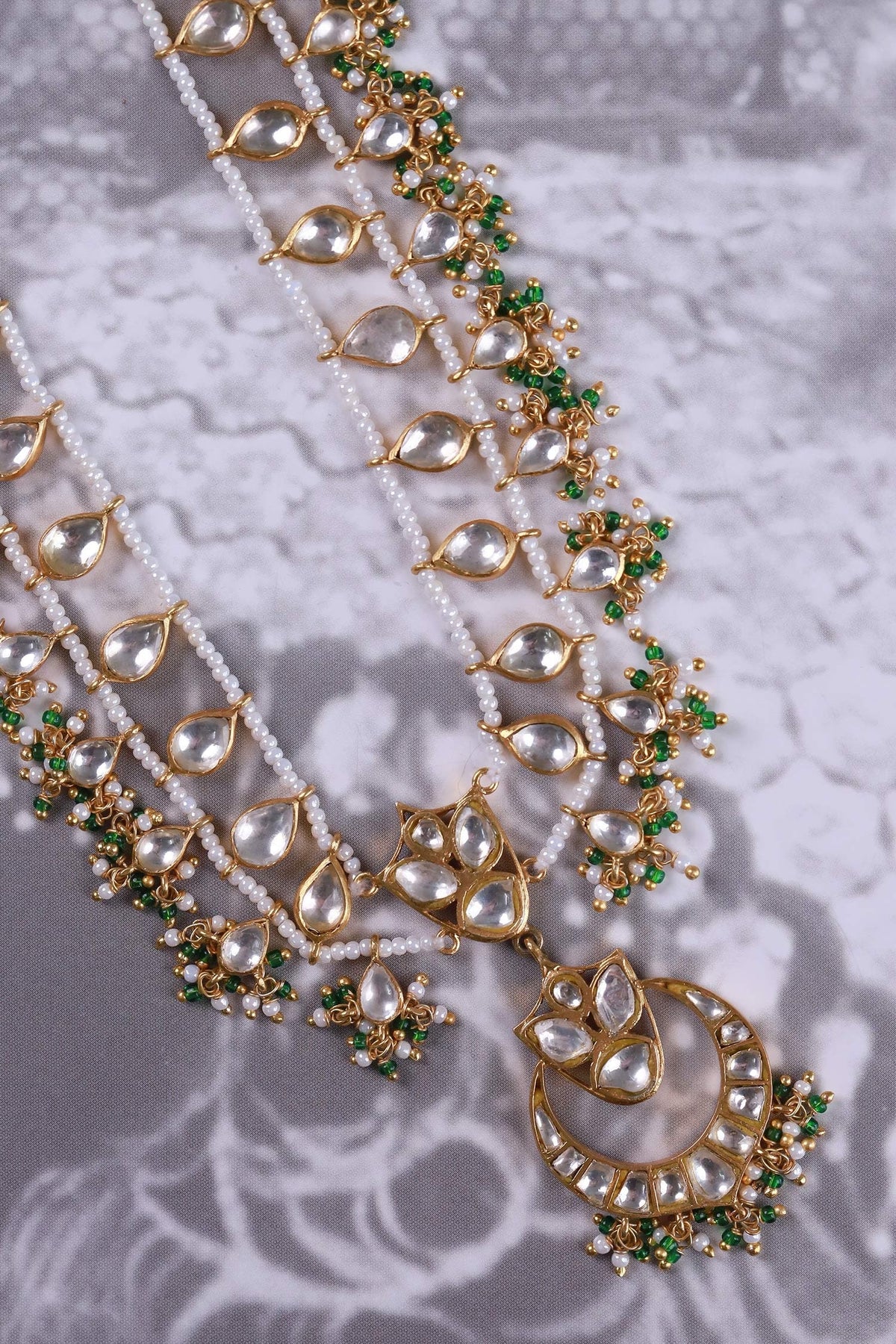 Polki Pearl Green Onyx Long Pendant Necklace 