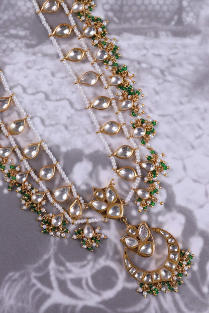 Polki Pearl Green Onyx Long Pendant Necklace 