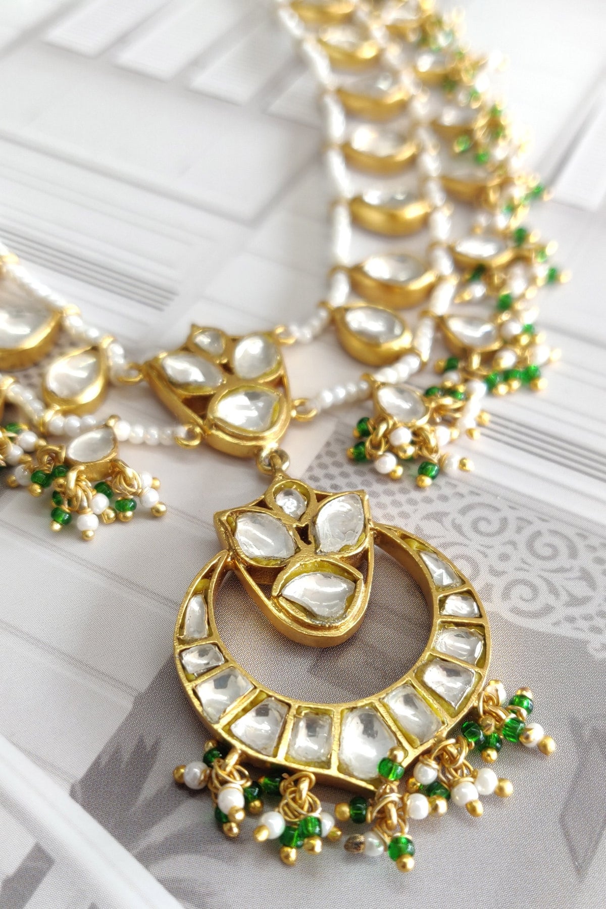 Polki Pearl Green Onyx Long Pendant Necklace 
