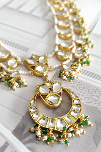 Polki Pearl Green Onyx Long Pendant Necklace 