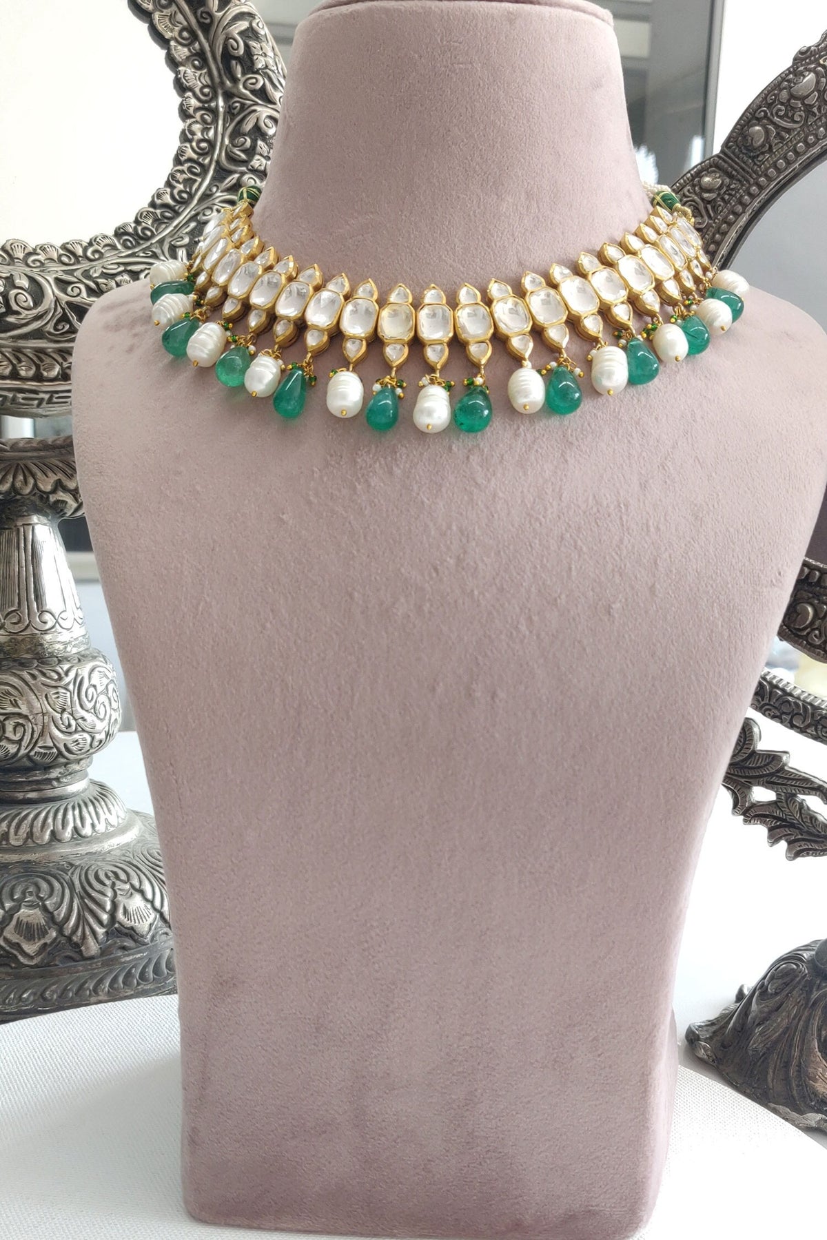 Gold Polki Pearl & Green Onyx Choker 