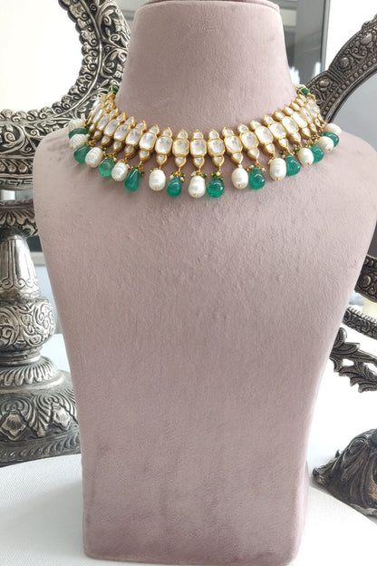 Gold Polki Pearl & Green Onyx Choker 