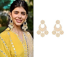Gold Polish White & Black Enameled Floral Long Earrings