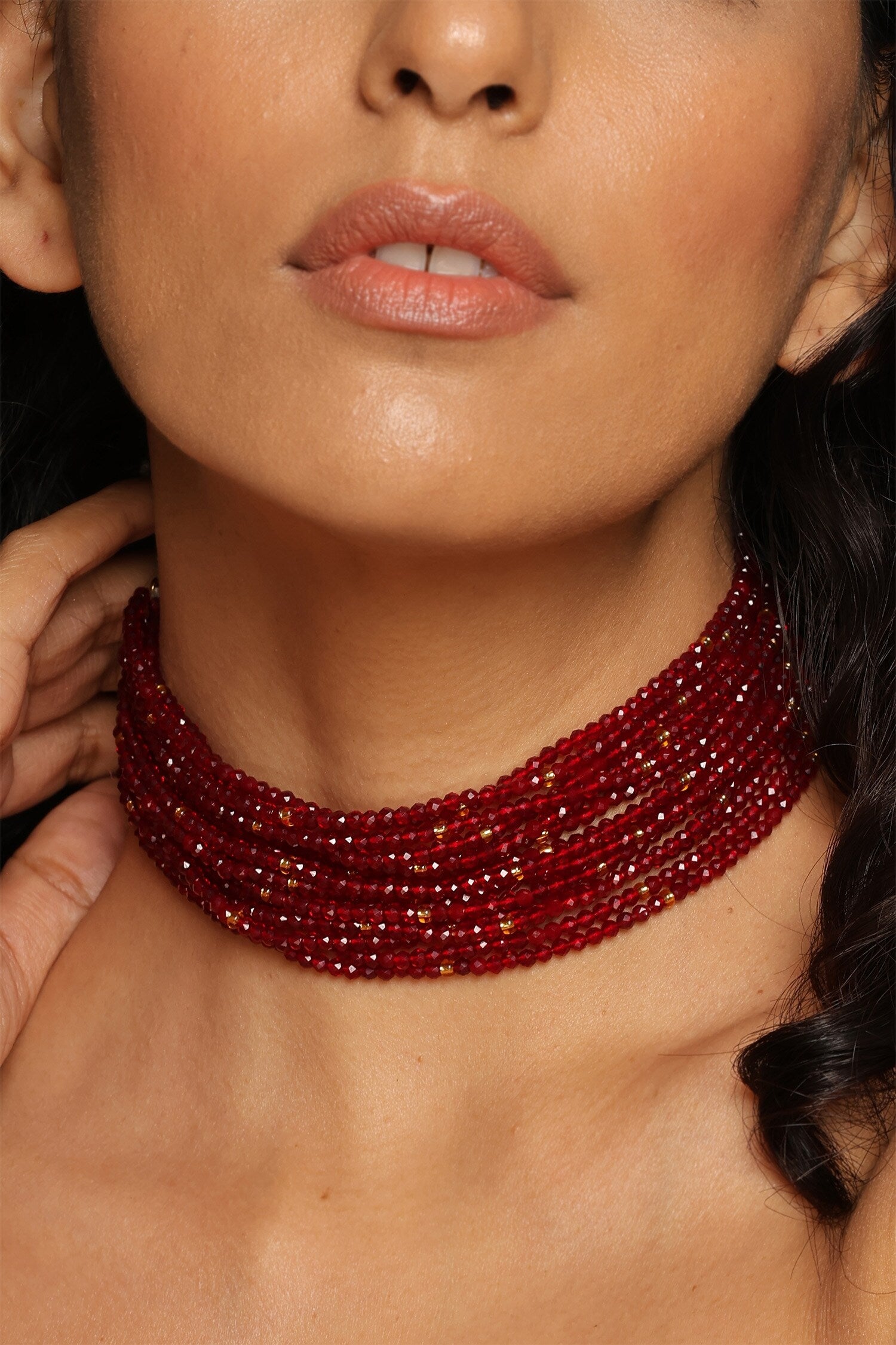 Gold Tone Multi Layered Beaded Choker Necklace 