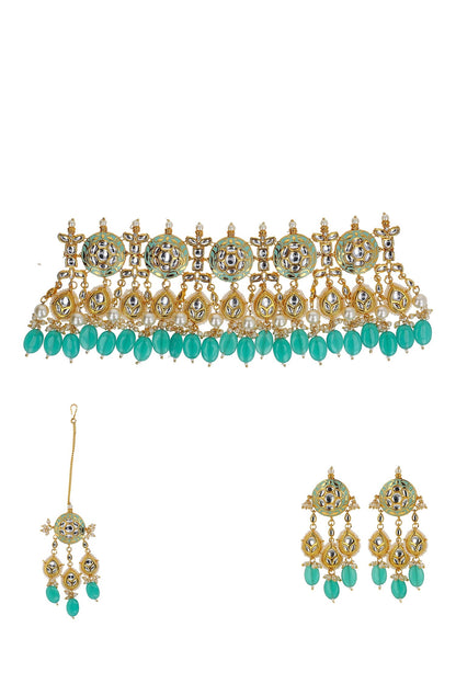 Handcrafted Stone Embellished Necklace Set With Maangtikka 