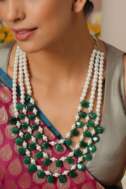 Green Pearl Embellished Layered Necklace 