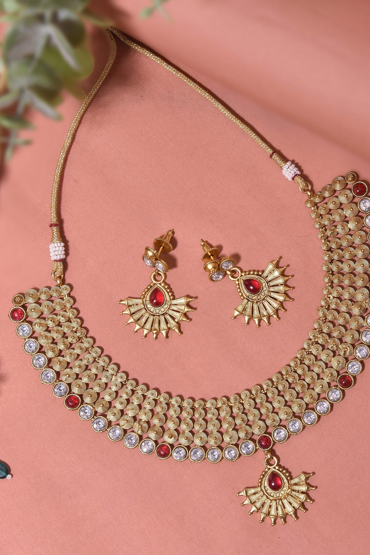 Ruby Embellished Temple Necklace Set 