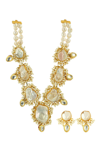 Gold Kundan Shell Pearl Necklace Set 