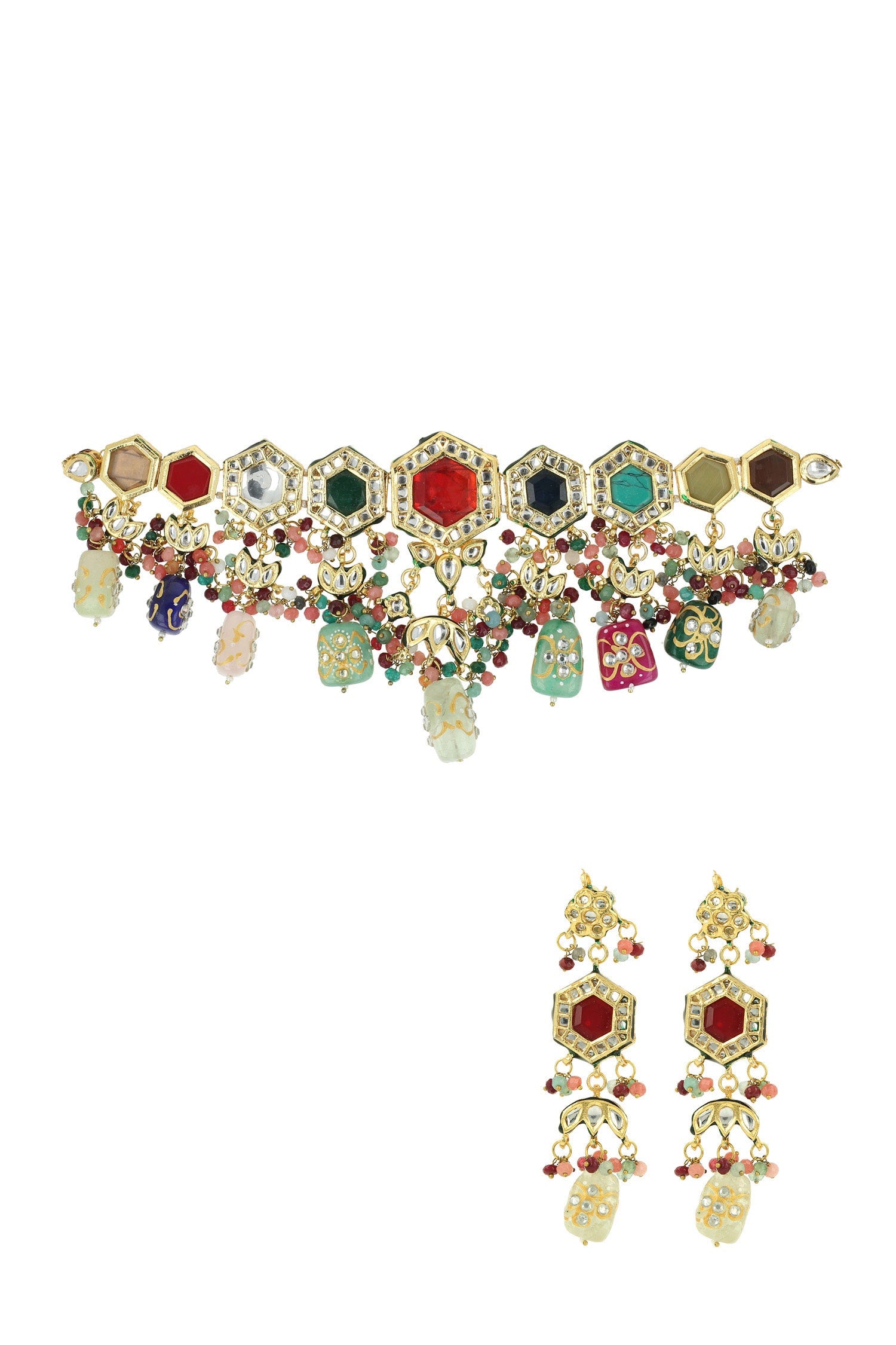 Gold Multi Color Navratna Choker Set 