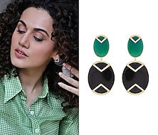 Gold Plated Handmade Green & Black Onyx Geometric Earrings