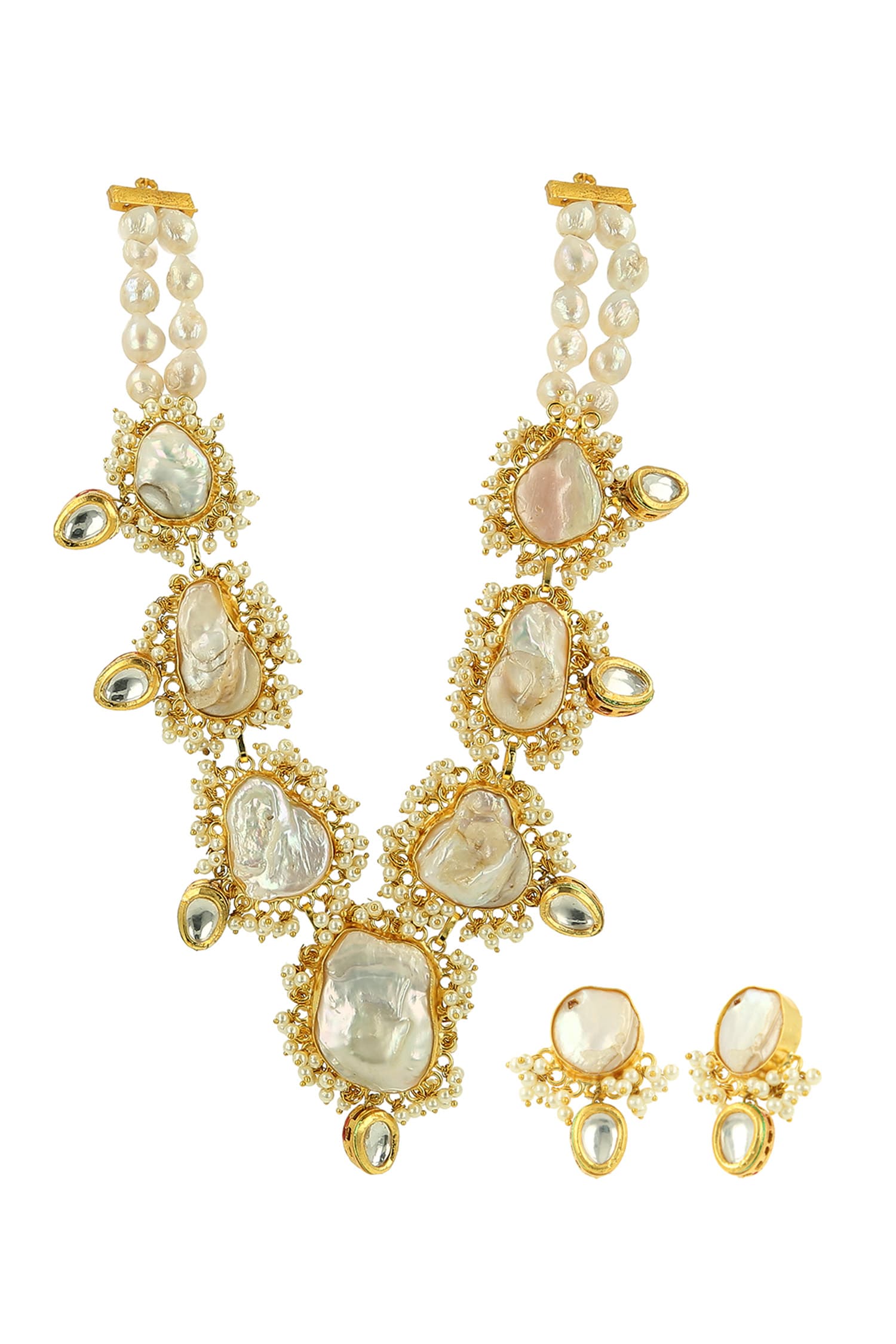 Gold Kundan Shell Pearl Necklace Set 
