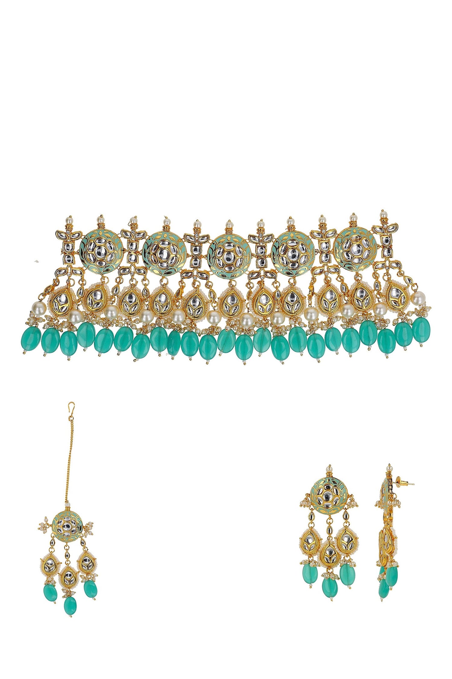 Handcrafted Stone Embellished Necklace Set With Maangtikka 