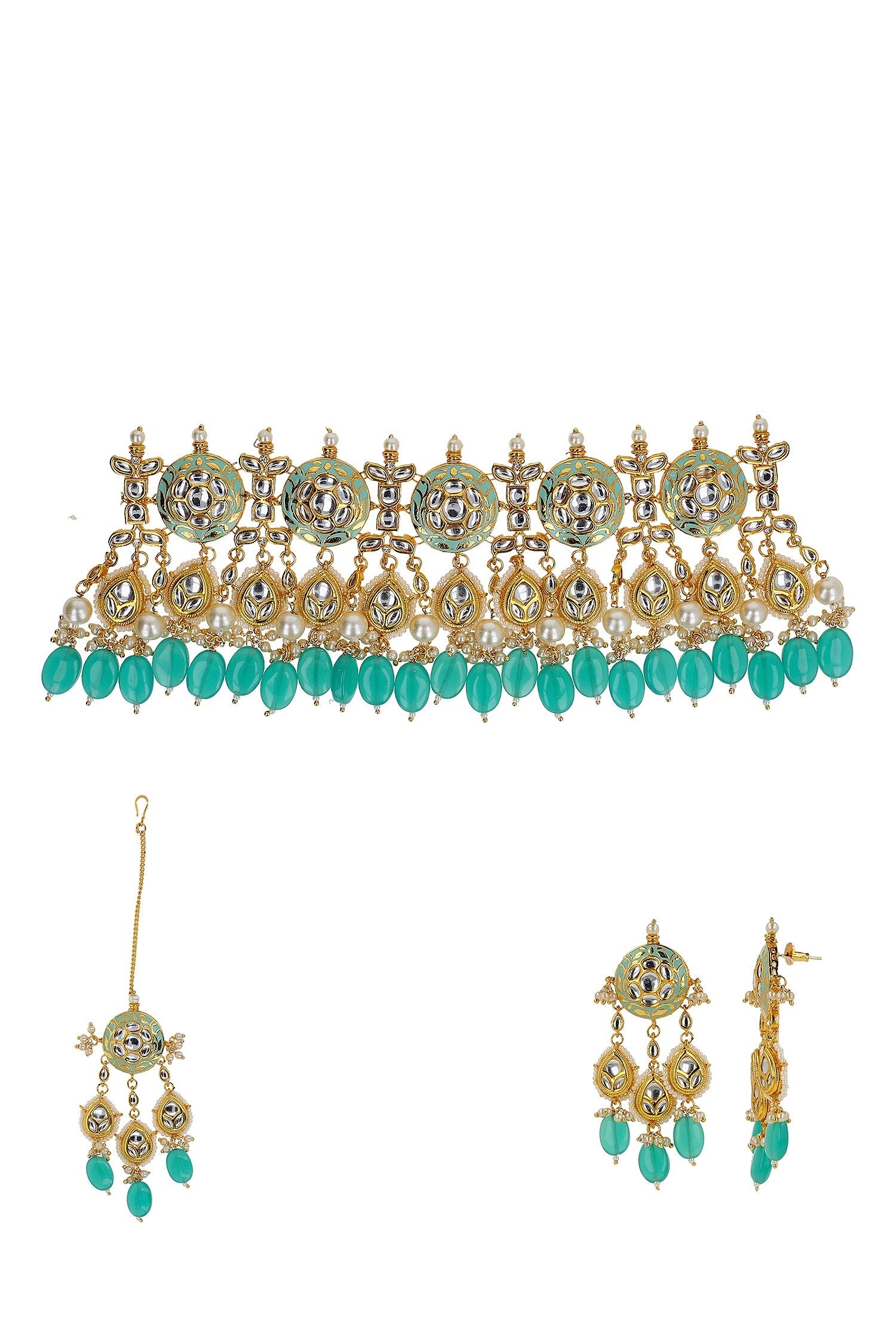 Handcrafted Stone Embellished Necklace Set With Maangtikka 