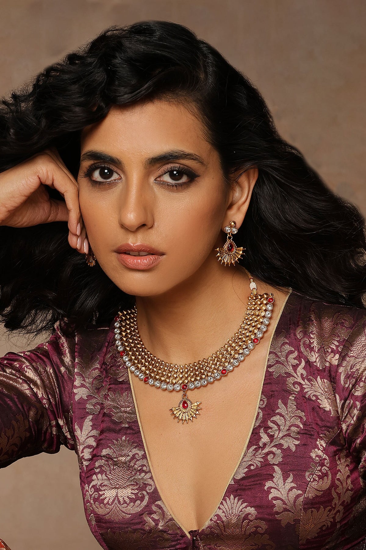 Ruby Embellished Temple Necklace Set 