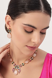 Gold Finish Multi-Colored Kundan Polki Peacock Necklace Set