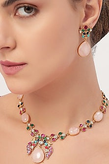 Gold Finish Multi-Colored Kundan Polki Peacock Necklace Set