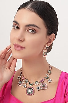 Gold Finish Multi-Colored Stone & Pearl Necklace Set
