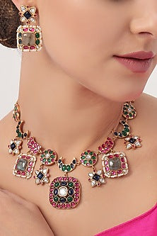 Gold Finish Multi-Colored Stone & Pearl Necklace Set