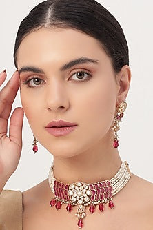 Gold Finish Kundan Polki & Red Pearl Drop Choker Necklace Set