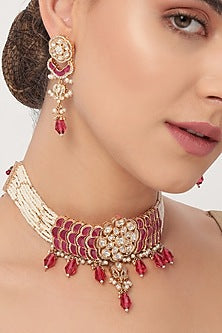 Gold Finish Kundan Polki & Red Pearl Drop Choker Necklace Set