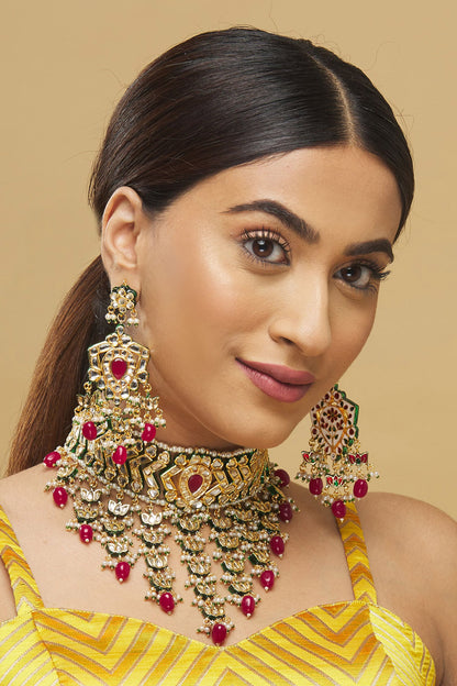  Kundan Tiered Pendant Drop Choker Set  