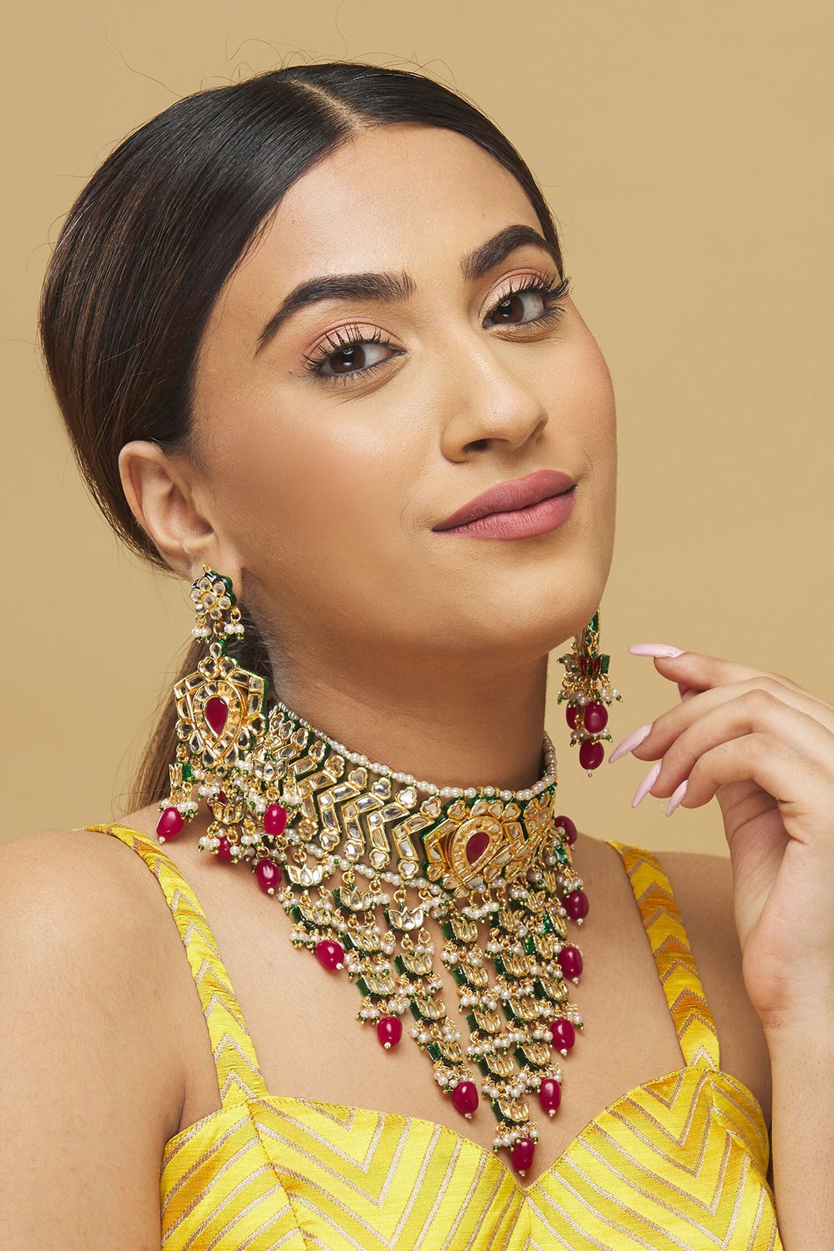  Kundan Tiered Pendant Drop Choker Set  