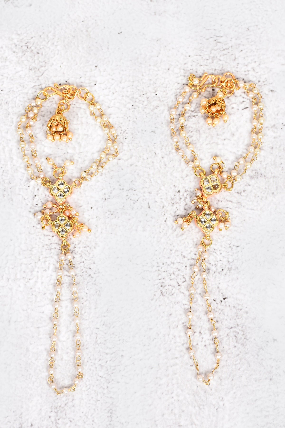 Peach Meena Pearl Kundan Hathphool Set 