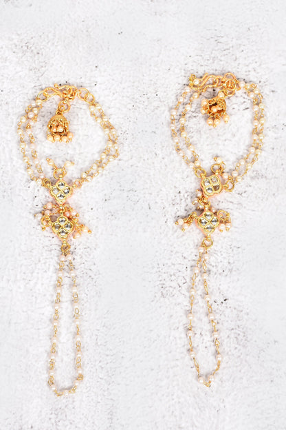 Peach Meena Pearl Kundan Hathphool Set 