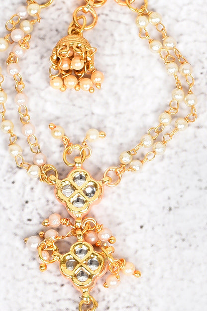 Peach Meena Pearl Kundan Hathphool Set 