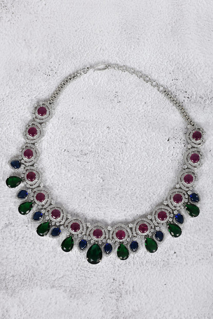 Silver Diamond Cutwork Choker Set 