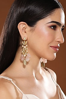 Gold Finish Kundan Polki & Soft Pink Onyx Stone Dangler Earrings