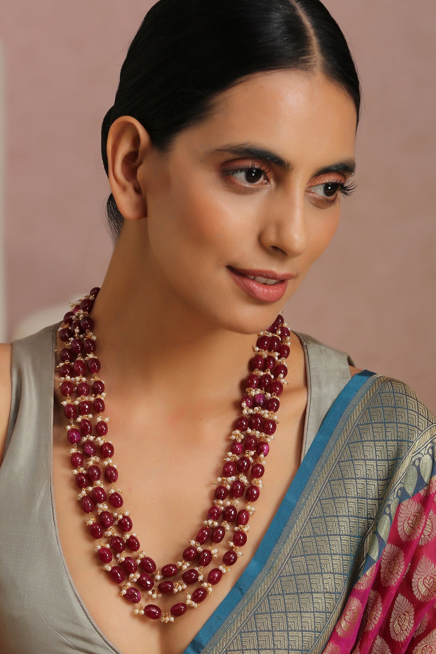 Red Bead Stone Layered Necklace 