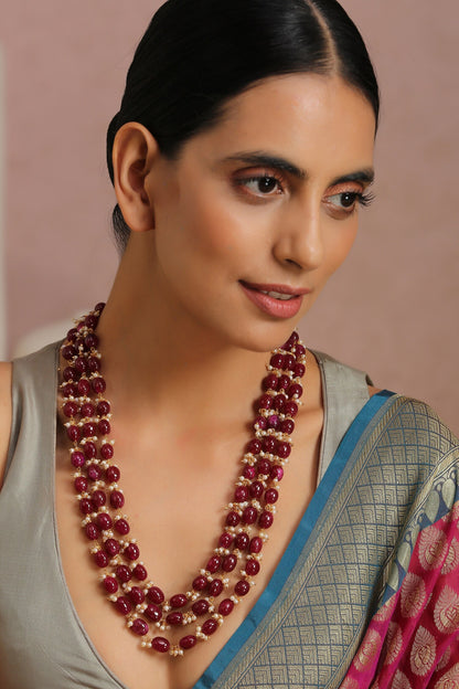 Red Bead Stone Layered Necklace 