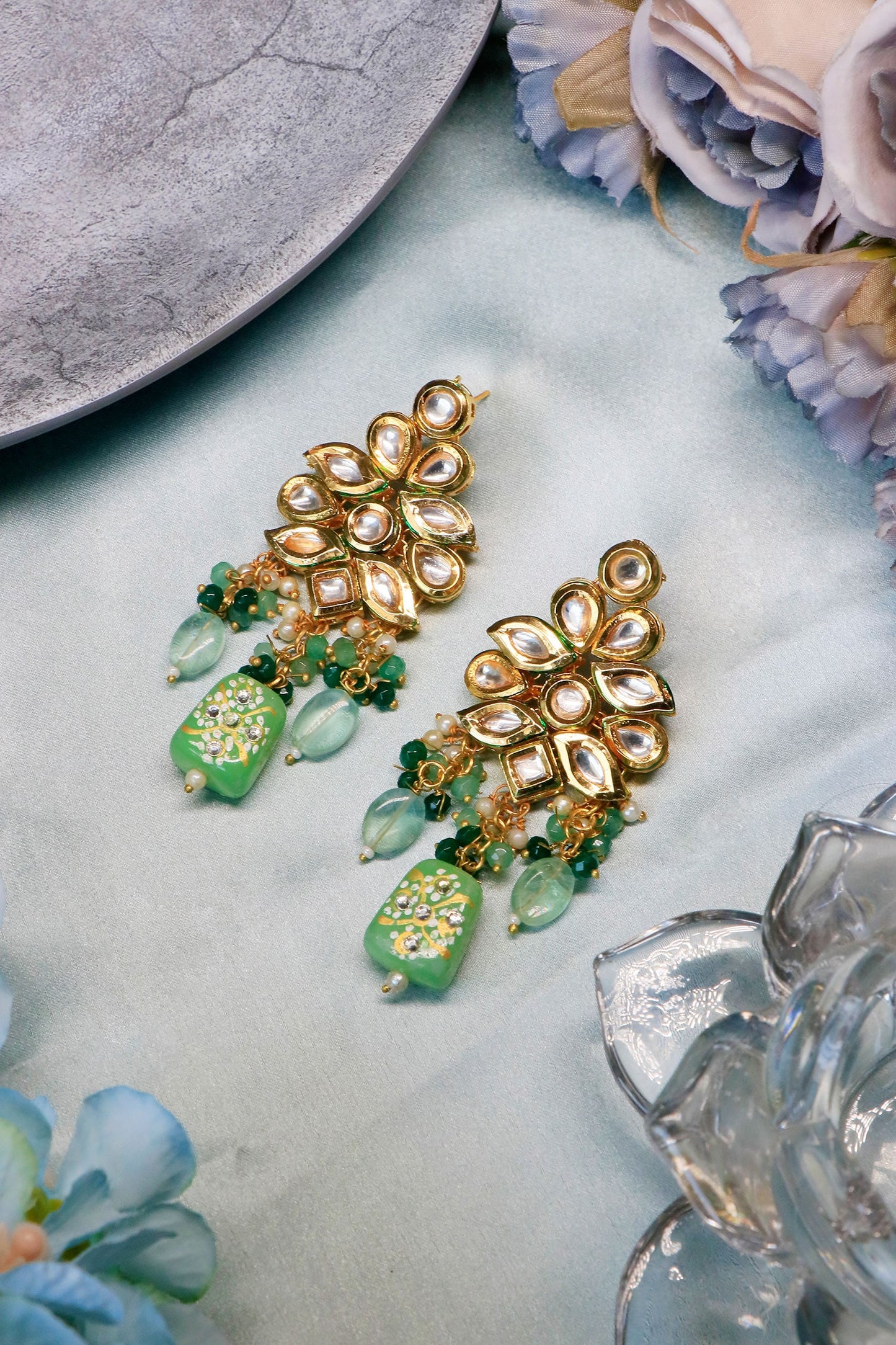 Kundan Green Stone Dangler Earrings 