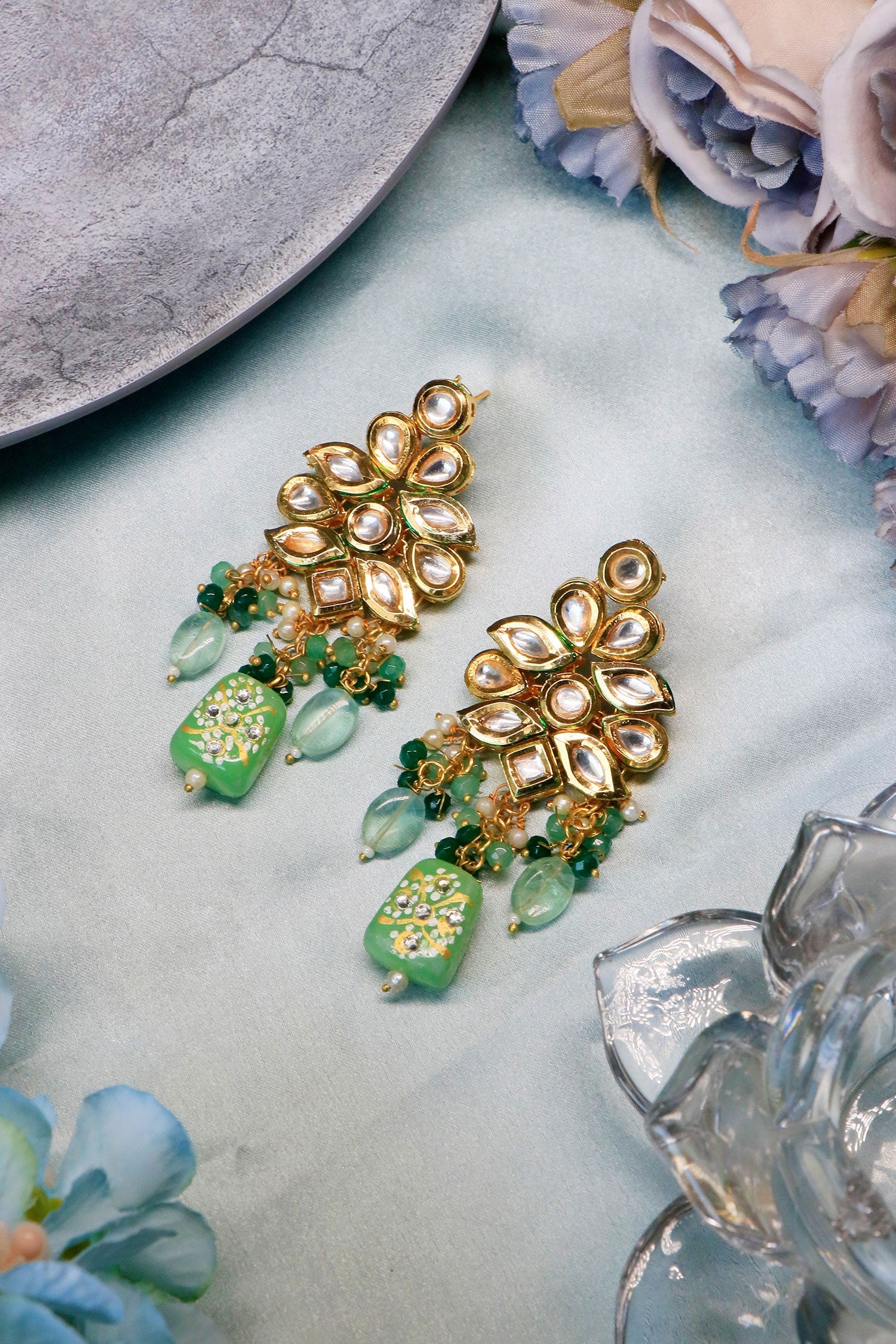Kundan Green Stone Dangler Earrings 