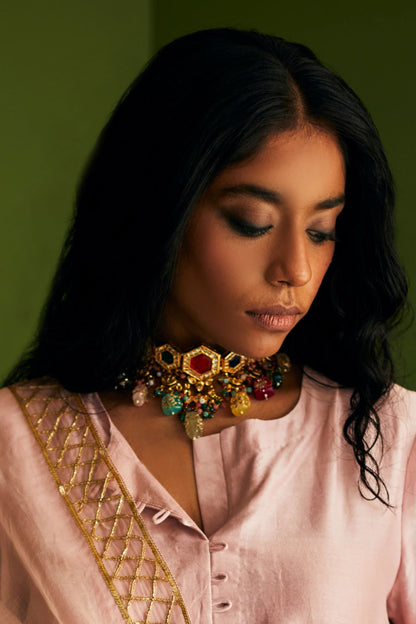 Gold Multi Color Navratna Choker Set 